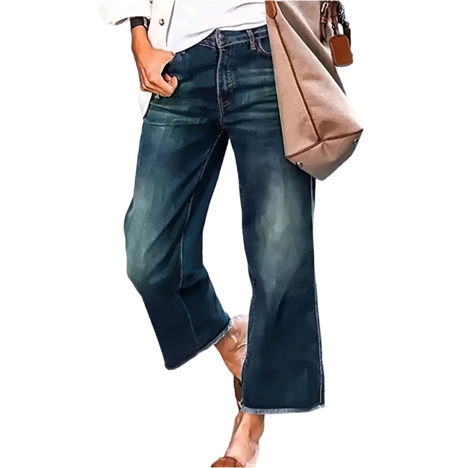 Wide-Leg Jeans For Women Washed Blue With Raw Edges Loose Fit Retro Trousers Lazy Style Trendy Trousers Daily Casual Wear